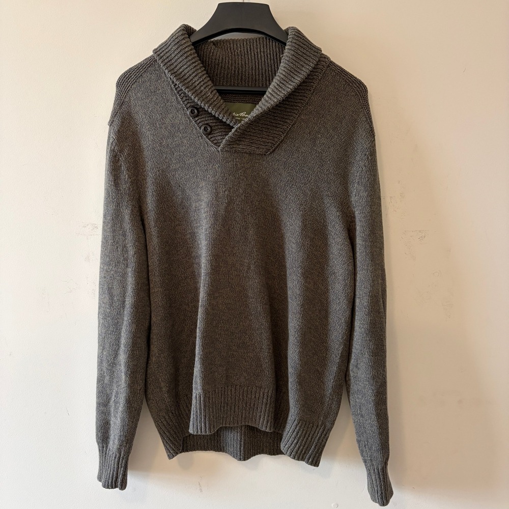 Eddie Bauer Shawl Collar Sweater Fisherman Olive Green XL Button Neck Cotton